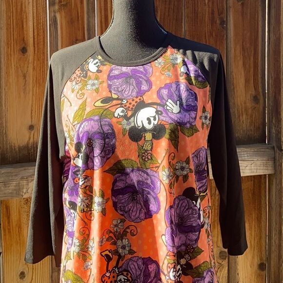 LuLaRoe Randy top raglan Minnie Mouse black purple orange 3/4 sleeve Large - Picture 3 of 5
